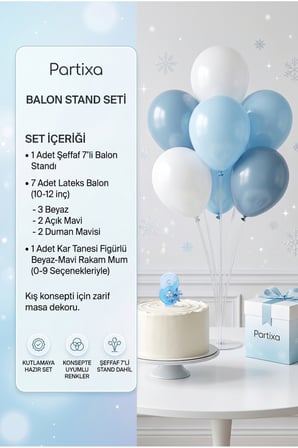 Kar Tanesi Temalı Beyaz Mavi Rakam Mum ve Balon Standı Seti - Doğum Günü Parti Süsleri (0-9 Yaş)