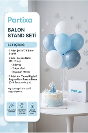 Kar Tanesi Temalı Beyaz Mavi Rakam Mum ve Balon Standı Seti - Doğum Günü Parti Süsleri (0-9 Yaş)