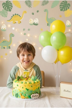 Dinozor Temalı Sarı Simli Rakam Mum ve Balon Standı Seti - Erkek Çocuk Doğum Günü Parti Süsleri (0-9 Yaş)
