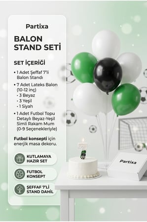 Şampiyon Futbol Konseptli Yeşil Beyaz Simli Rakamlı Pasta Mumu & Balon Stand Seti - Taraftar Doğum Günü Süsleme