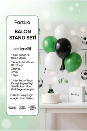 Şampiyon Futbol Konseptli Yeşil Beyaz Simli Rakamlı Pasta Mumu & Balon Stand Seti - Taraftar Doğum Günü Süsleme