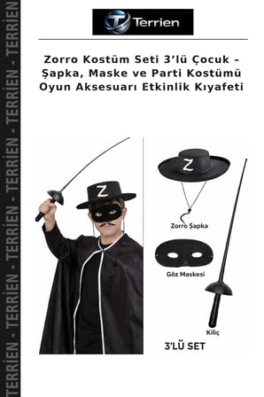 Kostüm Seti 3’lü Çocuk – Şapka, Maske ve Parti Kostümü Oyun Aksesuarı Etkinlik Kıyafeti