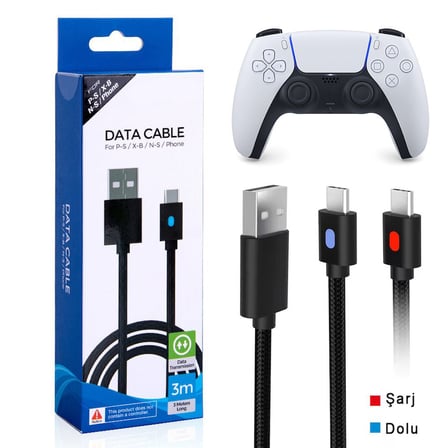 PS5 Dualsense Şarj Kablosu 3 Metre Led Göstergeli Playstation 5 Kol Type-C Örgü Kablo