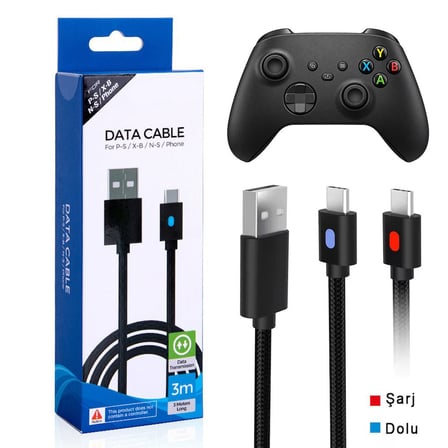 Xbox Series Şarj Kablosu 3 Metre Led Göstergeli Type-C Örgü Kablo