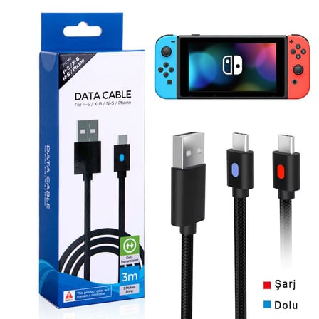 Switch Şarj Kablosu 3 Metre Led Göstergeli NS Oyun Konsolu Type-C Örgü Kablo