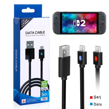 Switch 2 Şarj Kablosu 3 Metre Led Göstergeli NS2 Oyun Konsolu Type-C Örgü Kablo