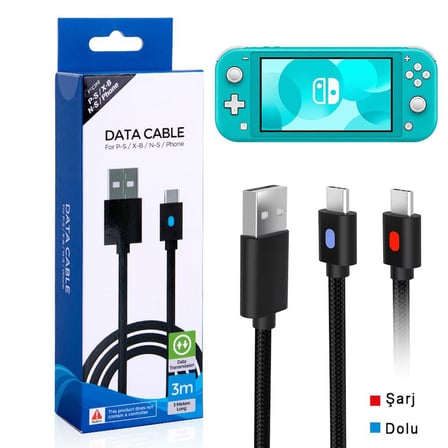 Switch Lite Şarj Kablosu 3 Metre Led Göstergeli NS Lite Oyun Konsolu Type-C Örgü Kablo