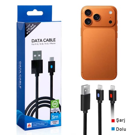 Iphone Şarj Kablosu 3 Metre Led Göstergeli Telefon Type-C Örgü Kablo