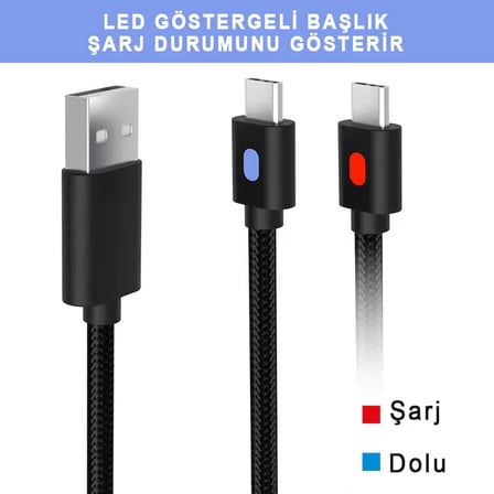 Iphone Şarj Kablosu 3 Metre Led Göstergeli Telefon Type-C Örgü Kablo