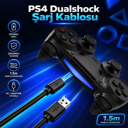 PS4 Oyun Kolu Şarj Kablosu 1.5 Metre DualShock 4 Uyumlu Micro USB Şarj ve Data Kablosu