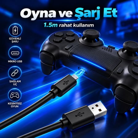 PS4 Oyun Kolu Şarj Kablosu 1.5 Metre DualShock 4 Uyumlu Micro USB Şarj ve Data Kablosu