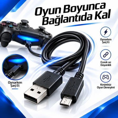 PS4 DualShock Şarj Kablosu 1.5 Metre Micro USB Oyun Kolu Şarj ve Data Aktarım Kablosu