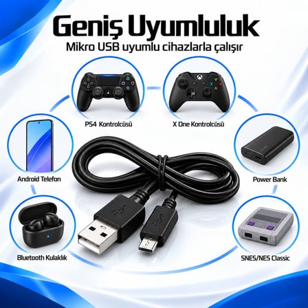 PS4 DualShock Şarj Kablosu 1.5 Metre Micro USB Oyun Kolu Şarj ve Data Aktarım Kablosu
