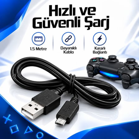 PS4 DualShock Şarj Kablosu 1.5 Metre Micro USB Oyun Kolu Şarj ve Data Aktarım Kablosu