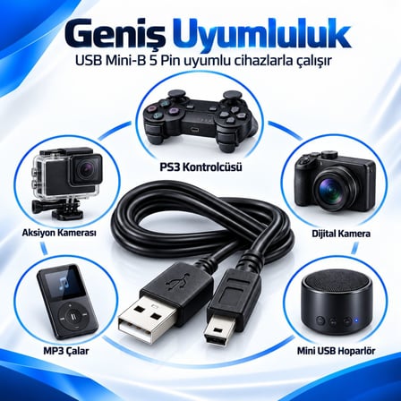 PS3 DualShock Şarj Kablosu 1.5 Metre Mini USB 5 Pin Playstation 3 Oyun Kolu Şarj Data Kablosu