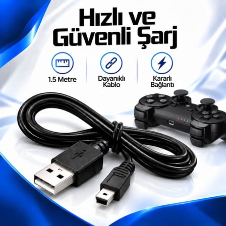 PS3 DualShock Şarj Kablosu 1.5 Metre Mini USB 5 Pin Playstation 3 Oyun Kolu Şarj Data Kablosu