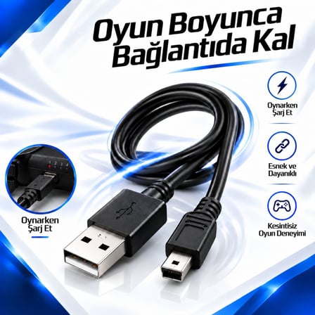 PS3 DualShock Şarj Kablosu 1.5 Metre Mini USB 5 Pin Playstation 3 Oyun Kolu Şarj Data Kablosu