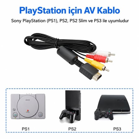 PS1 PS2 PS3 TV Kablosu RCA AV Audio Video PlayStation Ses Görüntü Bağlantı Kablosu