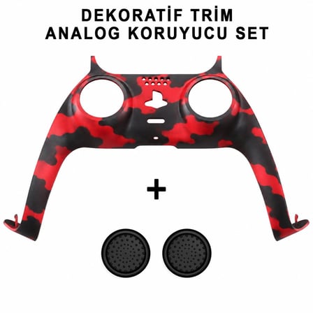 PS5 Dekoratif Trim Analog Koruyucu Silikon Kılıf Set Playstation 5 Dualsense Renkli Ön Şerit Aksesuar Kamuflaj Kırmızı