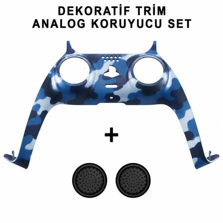 PS5 Dekoratif Trim Analog Koruyucu Silikon Kılıf Set Playstation 5 Dualsense Renkli Ön Şerit Aksesuar Kamuflaj Mavi