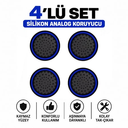 4 Adet Analog Koruyucu Silikon Kılıf Topuz Koruma PS4 PS5 Xbox One 360 Series SX Switch Pro Uyumlu Mavi