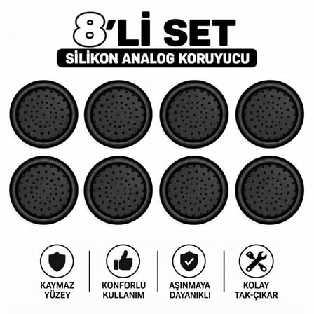 8 Adet Analog Koruyucu Silikon Kılıf Topuz Koruma PS4 PS5 Xbox One 360 Series SX Switch Pro Uyumlu Siyah