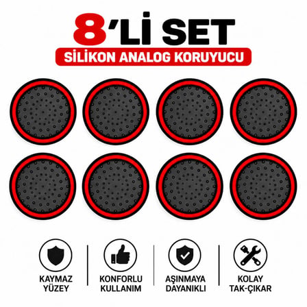 8 Adet Analog Koruyucu Silikon Kılıf Topuz Koruma PS4 PS5 Xbox One 360 Series SX Switch Pro Uyumlu Kırmızı