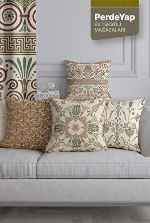 Modern İşlemeli Motifler Desenli 4lü Dijital Baskılı Kırlent Yastık Kılıfı  43x43 Cm Yeşil-Krem