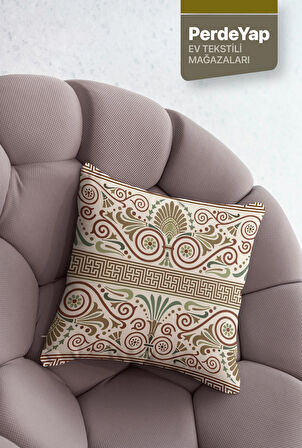 Modern İşlemeli Motifler Desenli 4lü Dijital Baskılı Kırlent Yastık Kılıfı  43x43 Cm Yeşil-Krem