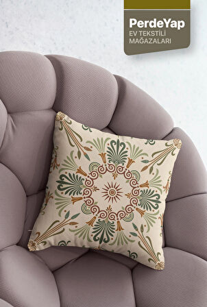 Modern İşlemeli Motifler Desenli 4lü Dijital Baskılı Kırlent Yastık Kılıfı  43x43 Cm Yeşil-Krem