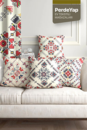 Otantik Kilim İşlemeleri Desenli 4lü Dijital Baskılı Kırlent Kılıfı 43 x 43 Cm Krem-Kırmızı