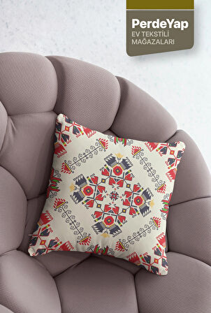 Otantik Kilim İşlemeleri Desenli 4lü Dijital Baskılı Kırlent Kılıfı 43 x 43 Cm Krem-Kırmızı