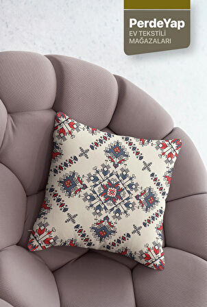 Otantik Kilim İşlemeleri Desenli 4lü Dijital Baskılı Kırlent Kılıfı 43 x 43 Cm Krem-Kırmızı