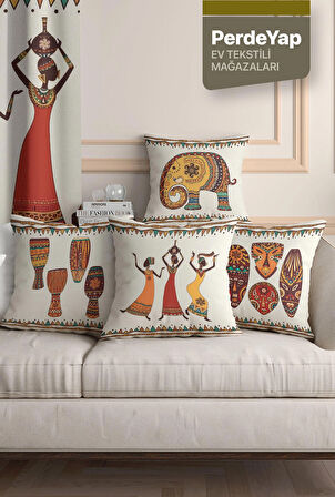 Afrika Sanatı Motifleri Desenli 4lü Dijital Baskılı Dekoratif Kırlent Kılıfı 43 x 43 Cm Bej