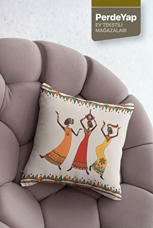 Afrika Sanatı Motifleri Desenli 4lü Dijital Baskılı Dekoratif Kırlent Kılıfı 43 x 43 Cm Bej