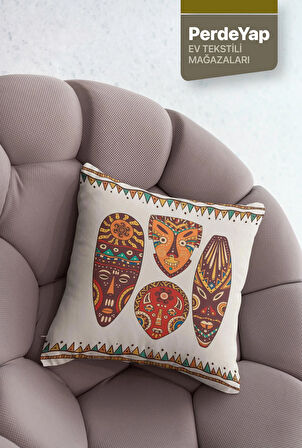 Afrika Sanatı Motifleri Desenli 4lü Dijital Baskılı Dekoratif Kırlent Kılıfı 43 x 43 Cm Bej