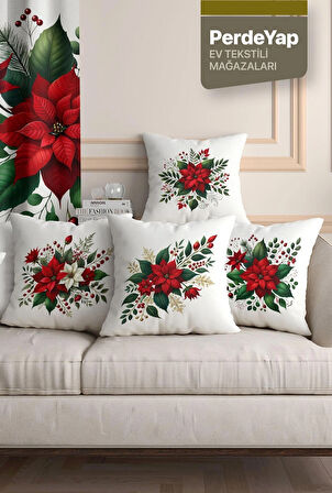 Kırmızı Güller Bahçesi Desenli 4lü Dijital Baskılı Dekoratif Kırlent Kılıfı 43 x 43 Cm Kırmızı-Yeşil