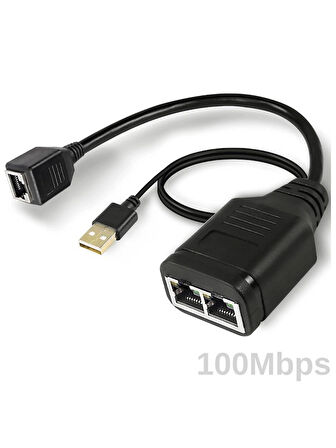 1x2 Port RJ45 USB Güç Destekli Ethernet Switch Splitter Çevirici Çoklayıcı