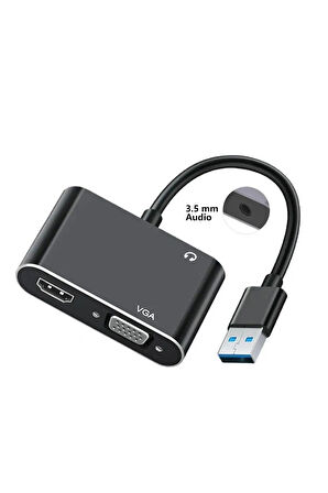 Usb 3.0 To Hdmi Vga 3.5mm 1080P Monitör Genişletici Çevirici Dönüştürücü Adaptör