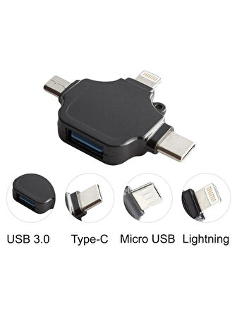 Lightning iPhone Type-C Micro Usb 3in1 USB 3.0 Dişi Mouse Flash OTG Çevirici Adaptör