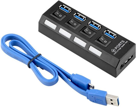 Zilevo 4 Portlu USB 3.0 Hub, Adaptörlü, Anahtarlı, LED Göstergeli, Yüksek Hızlı Veri Aktarımı, Siyah-Mavi, USB Kablosu Dahil