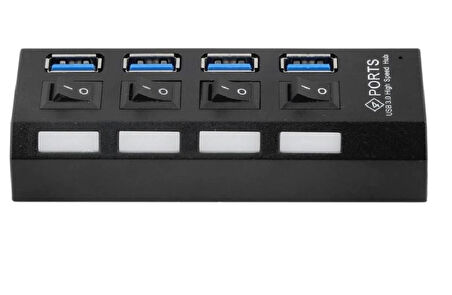 Zilevo 4 Portlu USB 3.0 Hub, Adaptörlü, Anahtarlı, LED Göstergeli, Yüksek Hızlı Veri Aktarımı, Siyah-Mavi, USB Kablosu Dahil