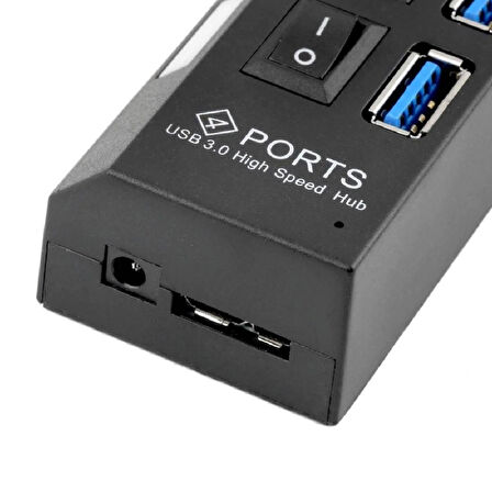 Zilevo 4 Portlu USB 3.0 Hub, Adaptörlü, Anahtarlı, LED Göstergeli, Yüksek Hızlı Veri Aktarımı, Siyah-Mavi, USB Kablosu Dahil