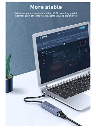 Type C To Usb 3.0 Ethernet Gigabit Rj45 3 Port Hub Çoklayıcı Adaptör