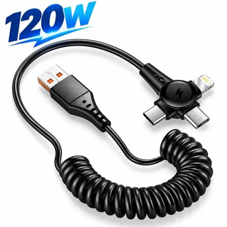 Usb Hızlı Telefon Data Şarj Kablosu 120w 3 İn 1 Spiral Yaylı Type C Micro Lightning 1.5 M