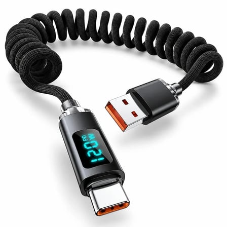 Samsung Uyumlu Usb To Type C Yaylı Spiral Hızlı Telefon Veri Şarj Kablosu 120w Dijital Ekranlı 2 Metre