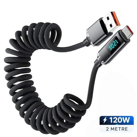 Samsung Uyumlu Usb To Type C Yaylı Spiral Hızlı Telefon Veri Şarj Kablosu 120w Dijital Ekranlı 2 Metre