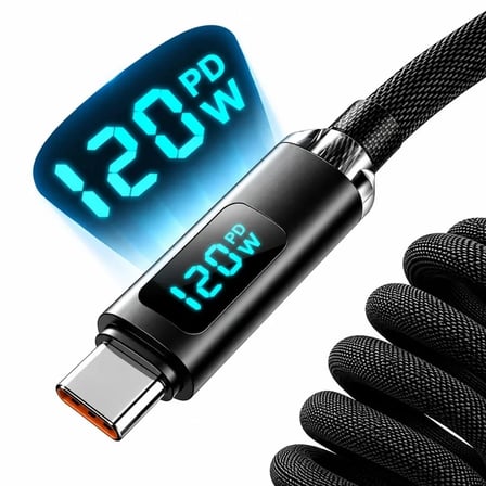 Samsung Uyumlu Usb To Type C Yaylı Spiral Hızlı Telefon Veri Şarj Kablosu 120w Dijital Ekranlı 2 Metre