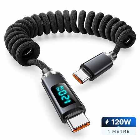 Type C Hızlı Telefon Şarj Veri Kablosu 120w Yaylı Spiral Dijital Ekranlı 1 Metre