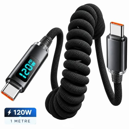 Type C Hızlı Telefon Şarj Veri Kablosu 120w Yaylı Spiral Dijital Ekranlı 1 Metre